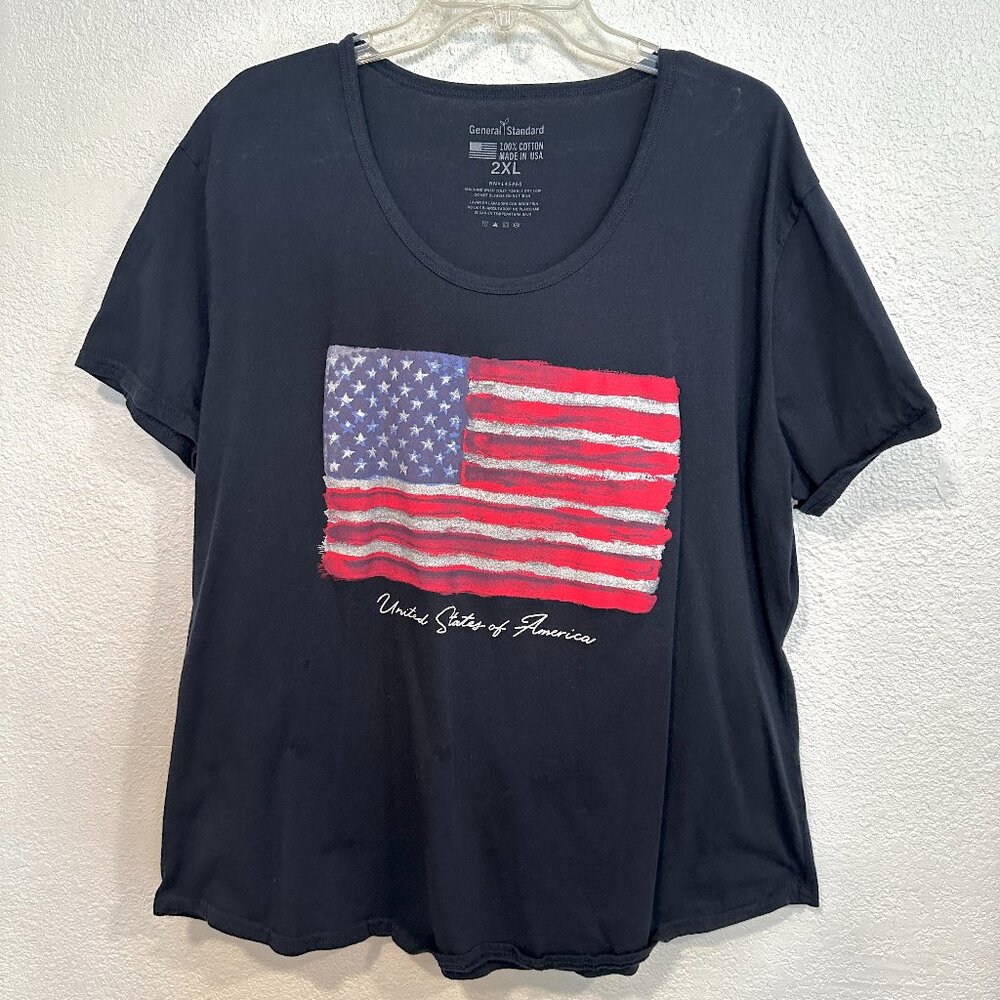 General Standard Patriotic Flag Tee Navy Blue Cap Sleeves Made in USA Womens 2XL